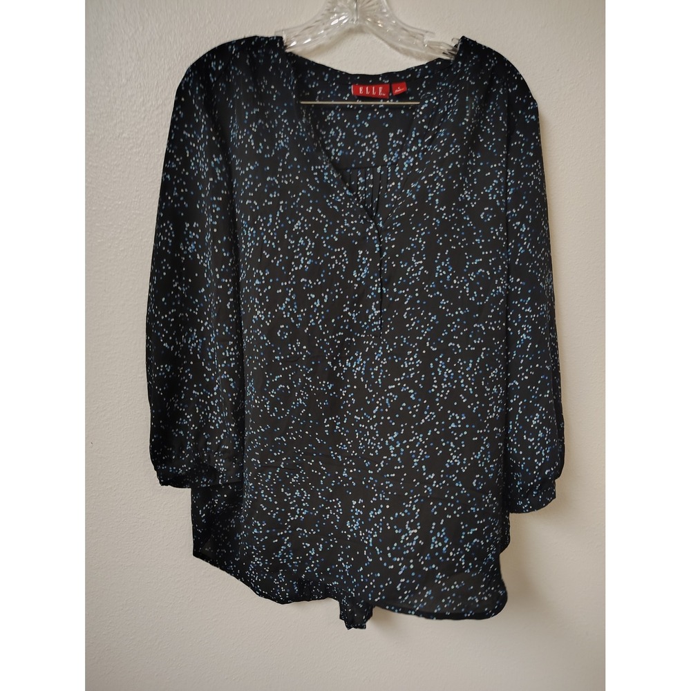Elle‎ Womens V-Neck Blouse Black Blue White Dotted Print Long Sleeve Top Large